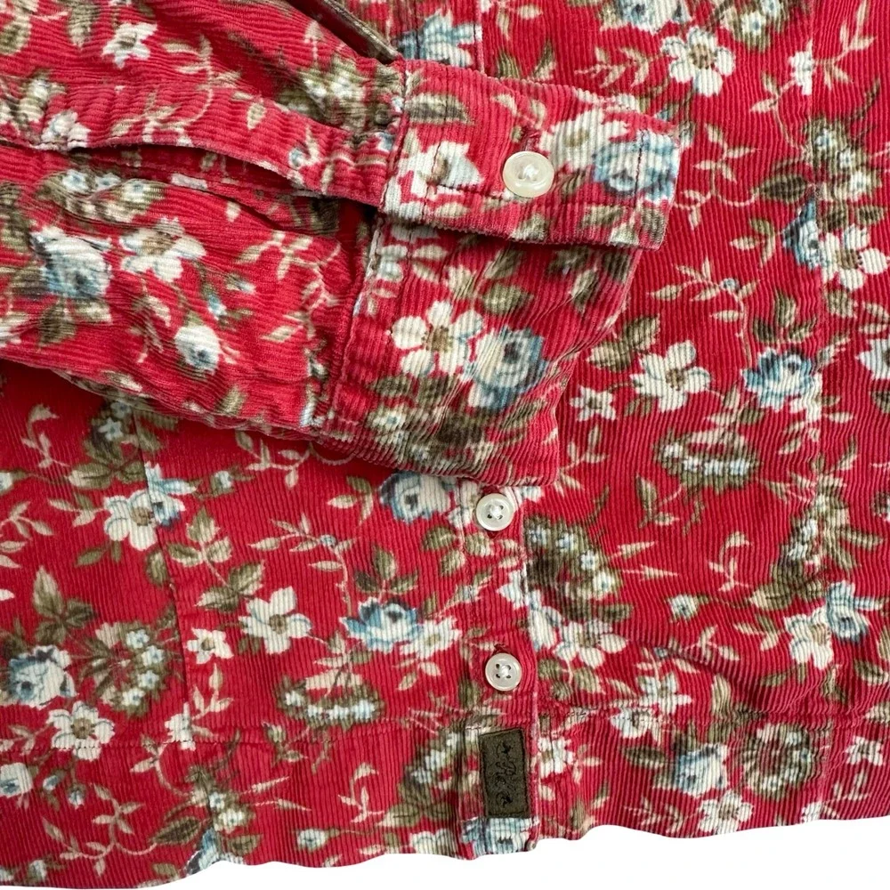 Ralph Lauren Floral Corduroy Button Down Shirt Girls L Red Cotton Long Sleeve
